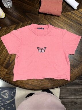 Brandy Melville Pink Butterfly Cropped Tee